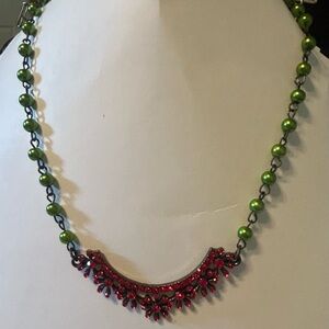 Plunder Dorian Red Pendent and Green Beads on Antique Gold Necklace